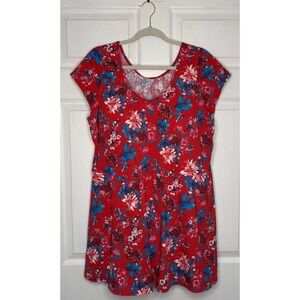 Denim & Co. Womens 24W Beach Scoop Neck Cap Sleeves Swim Dress Red Floral